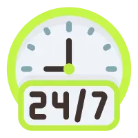 A clock icon with "24/7" displayed, representing round-the-clock private hire taxi services for reliable transport anytime
