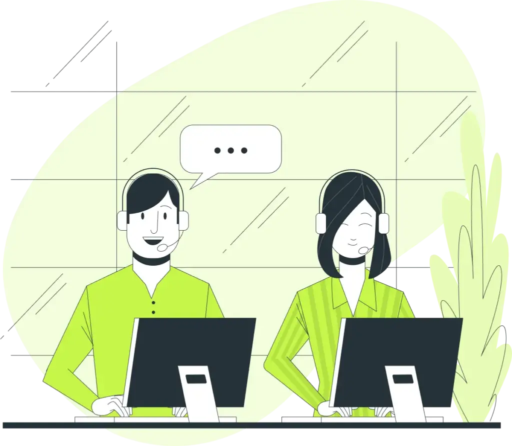 Two customer service representatives wearing headsets at their desks, providing 24/7 support for private hire taxis bookings