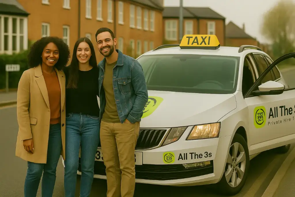 Three smiling friends standing in front of a white private hire taxi with "All The 3s" branding, parked on a quiet residential street.