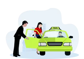 A man assists a woman into a green taxi while the driver waits, providing a seamless transport service for events and special occasions.