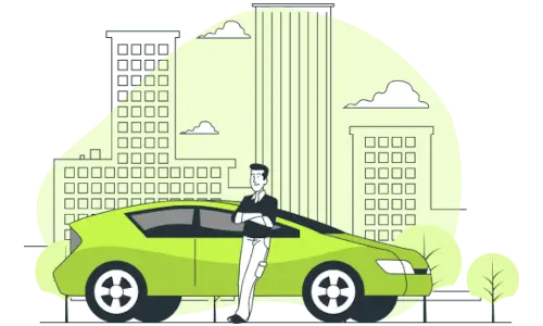 A private hire taxi driver leans against a green car in a city setting, ready to provide reliable transport services.