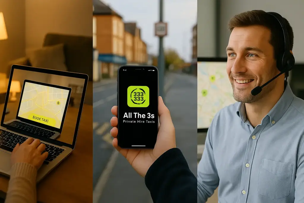Split-screen showing All The 3s taxi booking via laptop, mobile app, and a smiling male customer support agent with a headset.