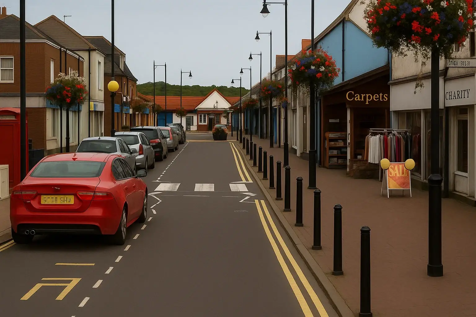 Nailsea high street lined with parked cars, boutique shops, hanging flower baskets, and a red Jaguar in the foreground.