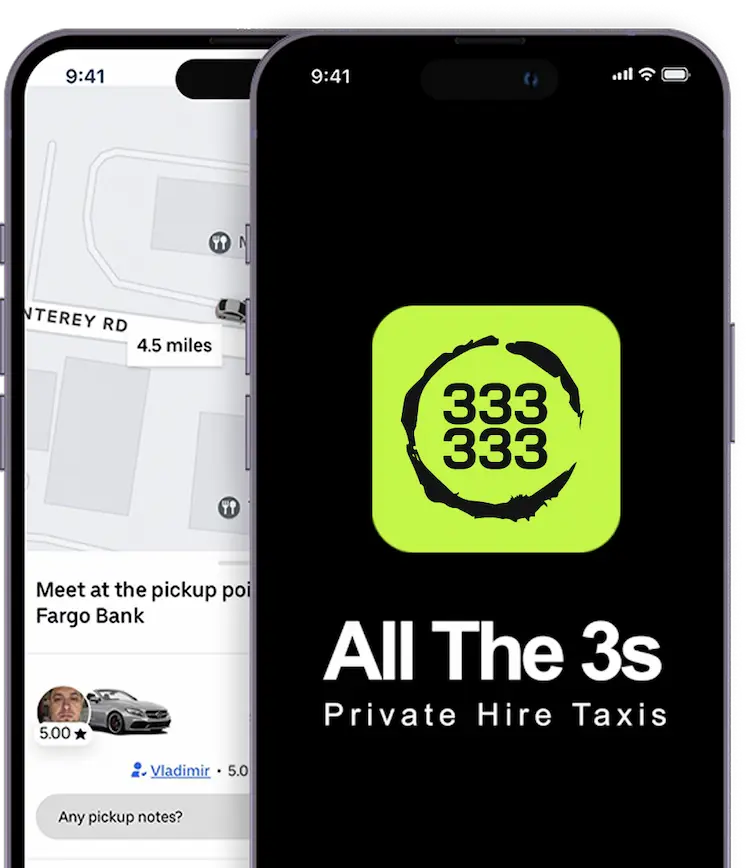 Two smartphones displaying the All The 3’s private hire taxi app, featuring a booking interface with a map and the company’s logo