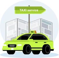 A green private hire taxi is parked near a signpost, ready to provide reliable transport for passengers.