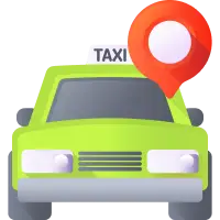 A green taxi with a location pin, symbolizing private hire transport and taxi booking services.