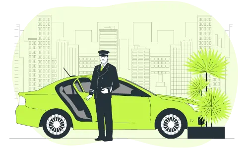 A uniformed taxi driver stands beside a private hire car with an open door, ready to assist passengers in the city.