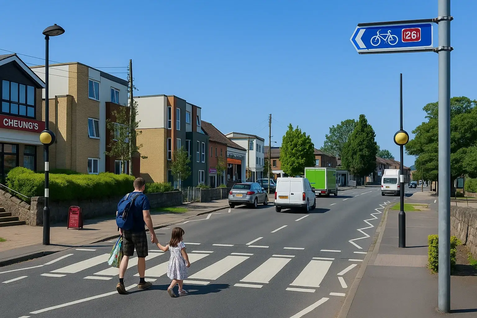 Man holding a young girl's hand as they use a zebra crossing on a sunny day