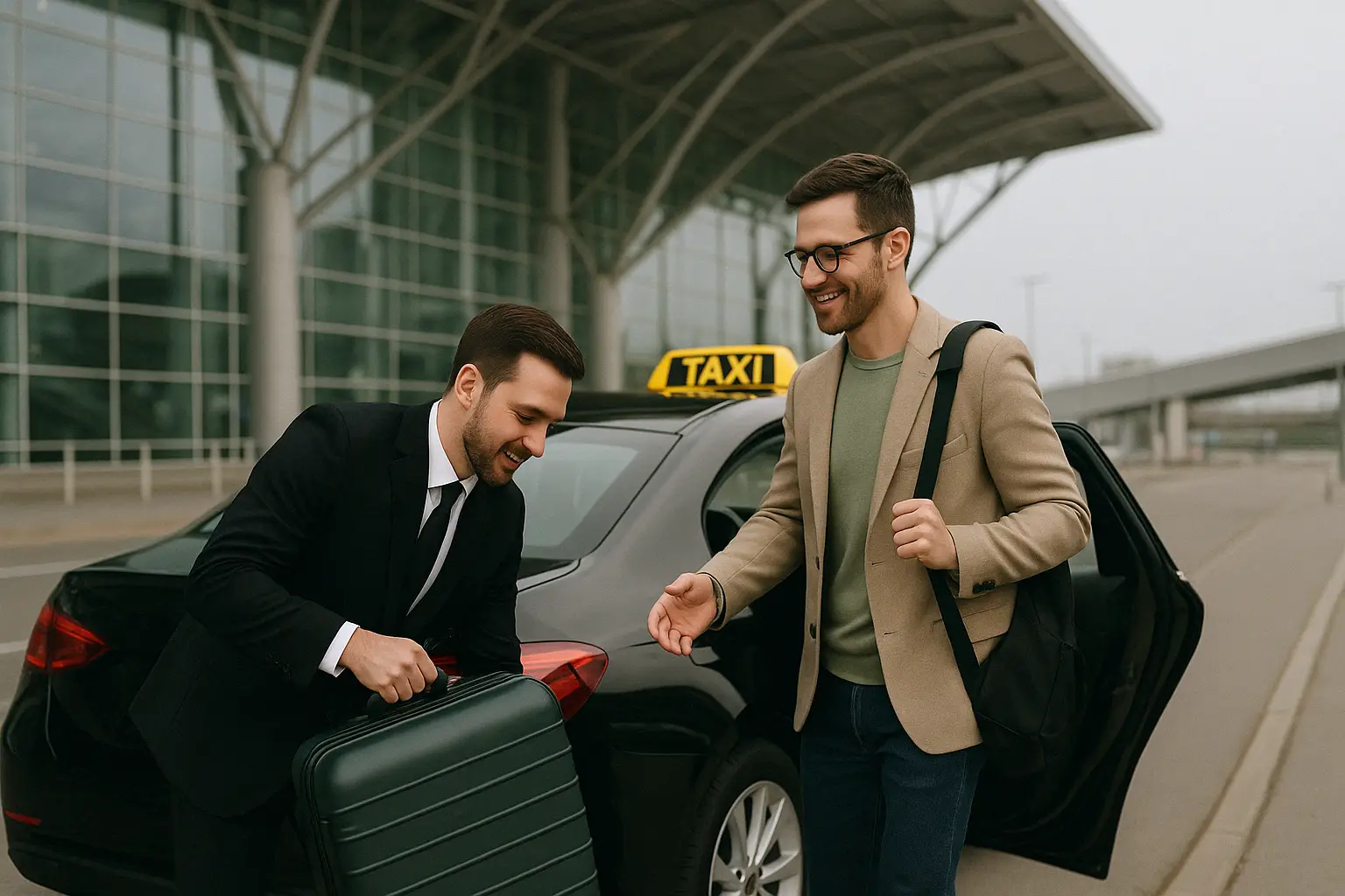 Professional driver assisting a passenger with luggage into a private hire taxi outside a UK airport