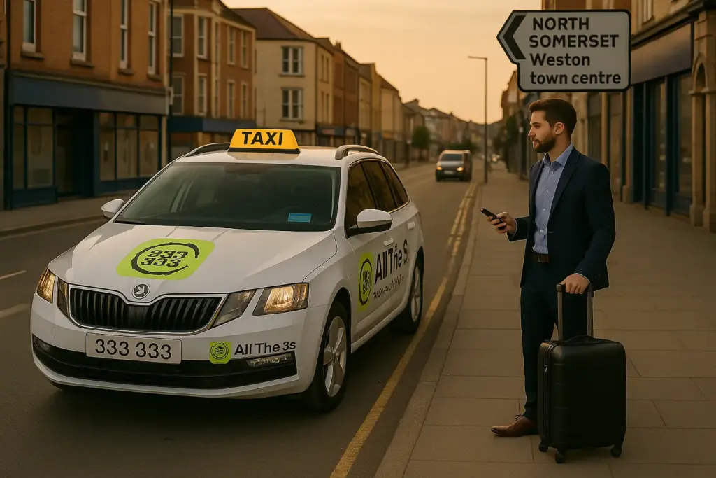 Man in a suit holding a suitcase and smartphone waits for a white taxi on a quiet street in Weston town centre, North Somerset at sunset.