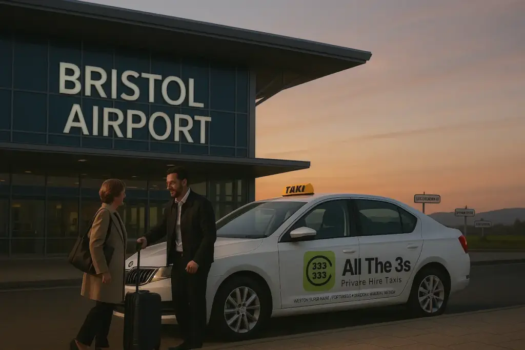 A private hire taxi picks up a passenger with luggage outside Bristol Airport