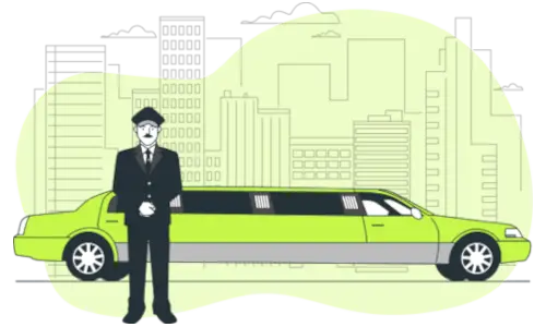 A professional chauffeur stands beside a green limousine in a city setting, offering premium private hire transport for events and executive travel.