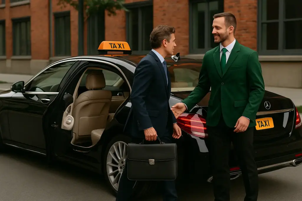 Professional driver greeting businessman beside a black luxury sedan branded with All The 3s