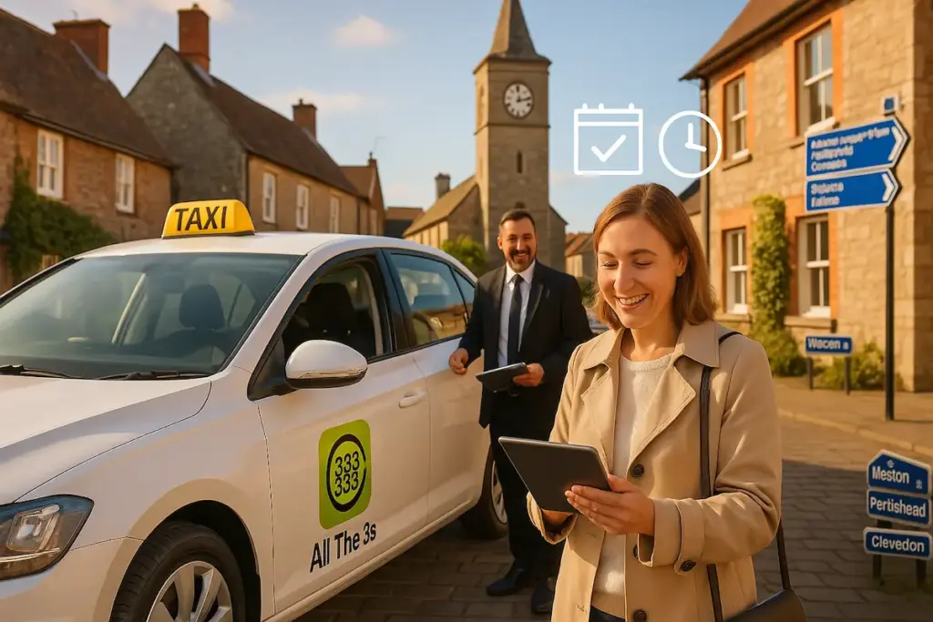 Smiling woman uses tablet to book a taxi in a picturesque North Somerset village, with All The 3s taxi driver