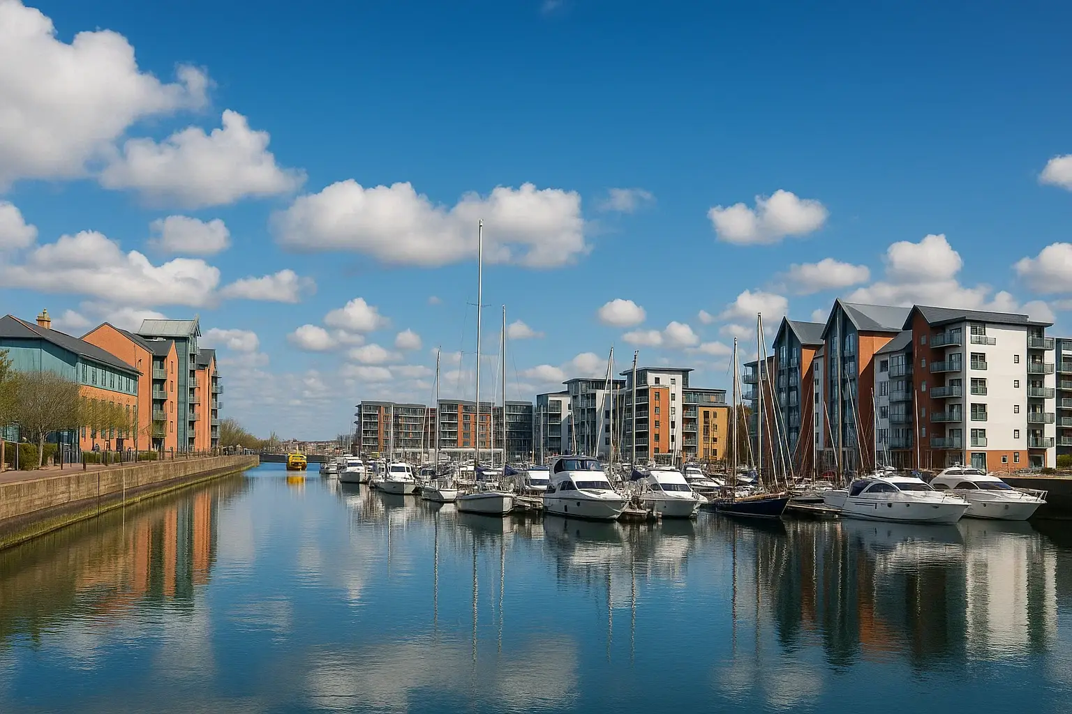 Scenic view of Portishead Marina with moored yachts, modern apartment buildings, and a blue sky with fluffy clouds reflecting in calm water.